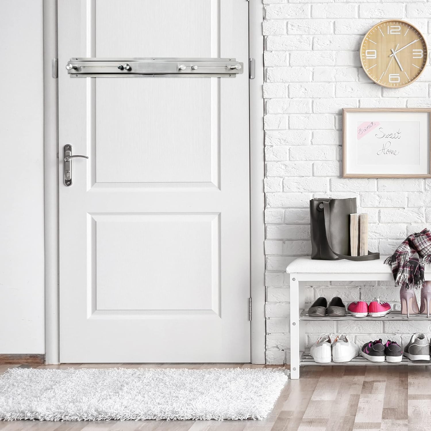 Door Barricade Bar with Door Hook Door Hanger (SUS) Patented Design for Security Reinforcement and Home Protection. Stop House Invasion and Intruder on Front Door, Bathroom and Bedroom. Childproof.